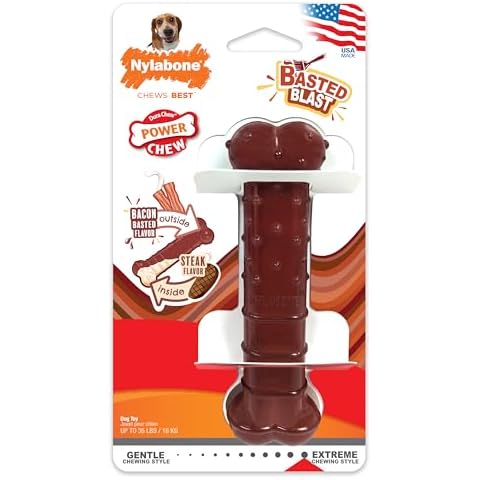 Nylabone Power Chew Classic Bone Chew Toy for Dogs, Durable Dog Toys for Aggressive Chewers, Basted Blast Bacon & Steak Flavor, Medium/Wolf (1 Count) Cover
