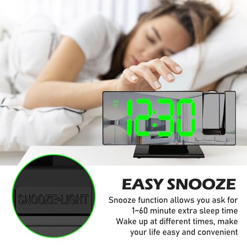 BYZESTY Projektionswecker, Wecker Digital mit Projektion, LED Spiegel-Digitaler Wecker mit Datum, Temperaturanzeige, Snooze, 3 Helligkeit, USB-Betriebener Projektionsuhr für Schlafzimmer (Black)