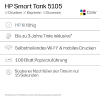 HP Smart Tank 5105 3-in-1 Multifunktionsdrucker (WLAN; Mobiles Drucken) – 3 Jahre Tinte inklusive, 3 Jahre Garantie, großer Tintentank, hohe Reichweite, Drucken in hoher Qualität – Ansicht 7