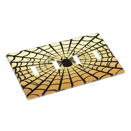 Decorative Switch Plate Covers Black Spider Spiderweb on Golden Background 4 Gang Light Switch Cover Plate Quad Toggle Wall Plate Light Switch Covers for Bedroom Home Decor