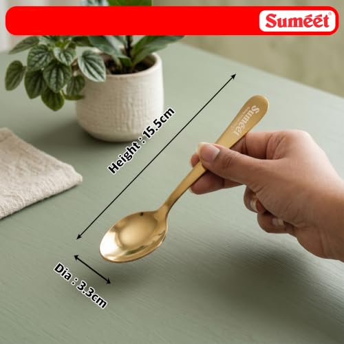 Image of Sumeet Stainless Steel Golden Baby /Meduim Premium Spoon Set of 12 Pc - (15.5cm L) (1.6mm Thick)