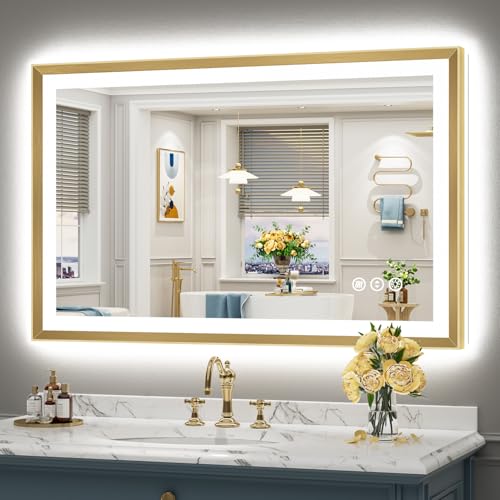Image of 48x30 Gold Beveled LED Bathroom Mirror with Lights, Brushed Gold Framed Backlit and Front Lit Anti-Fog Lighted Vanity Mirrors for Bathroom Wall, Dimmable, 3 Colors, Memory, HD Tempered Glass