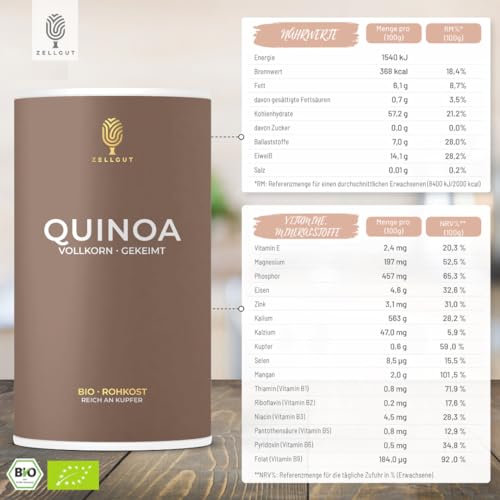 ZELLGUT© BIO QUINOA GEKEIMT 800g • GLUTENFREI & BASISCH • VOLLKORN & ROHKOST • aus EU-Bio-Landwirtschaft • VEGAN • 28,2% Eiweiß • Reich an Ballaststoffen, Magnesium, Eisen, Mangan •OHNE Zusatzstoffe