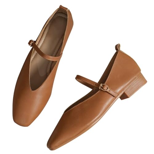 LUXINYU Women Mary Janes Shoes Soft PU Leather Square Toe Flats with Strap Comfortable Low Heels Work Pumps