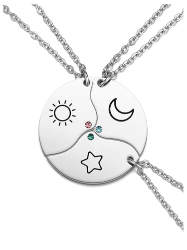 PESOENTH Friendship Bff Necklace for 3,Best Friend Necklaces Sun Moon Star Jewelry for Women Bestie Sister Family Birthday Christmas Graduation Gifts for Friends