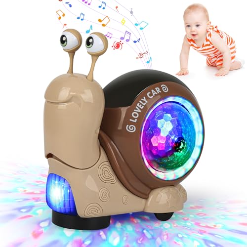 AUTOKAKUM Electric Snail Toy, Baby Toddler Luminous Snail Toy Cute Crawling Snail Toys with Music and Light Christmas Birthday Gifts for Boys Girls (Snail Brown)