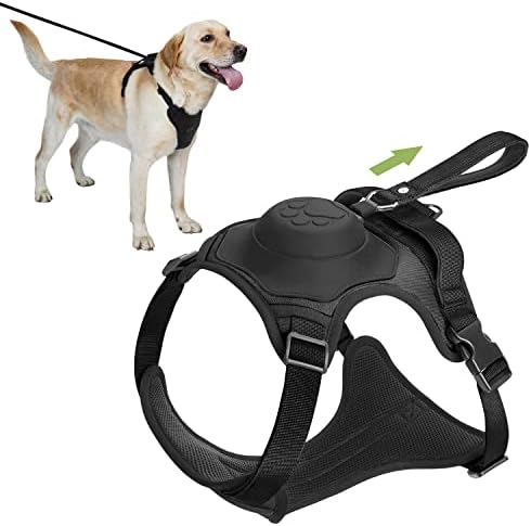 2 in 1 No Pull Dog Harness with Retractable Leash, [Automatic Anti Burst Impact Function] Adjustable Breathable Dog Vest with Control Handle for Medium Large X-Large to Outdoor, Training, (Black, XL)