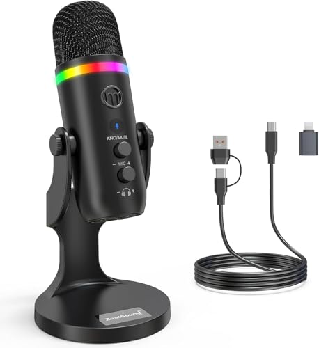 Image of zealsound USB Microphone for PC, Phone, Noise Cancellation Condenser Mic with Quick Mute,Gain,Echo,Monitoring,RGB Indicator Microphone for Recording Streaming Discord YouTube Twitch Podcasts Videos