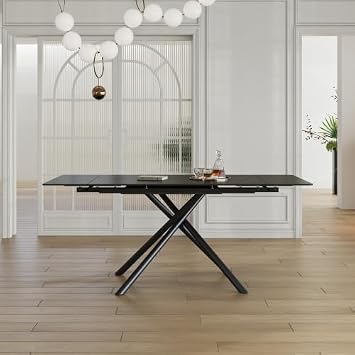 Runboll 47"-71" Extendable Sintered Stone Dining Table for 4 to 8, Modern Rectangular Kitchen Table with Carbon Steel Legs for Dining Room Family Gathering