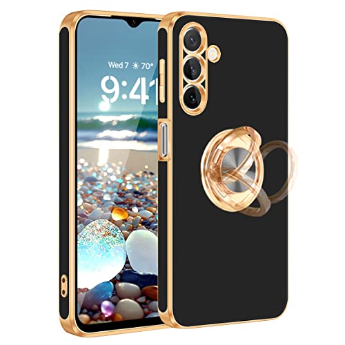 Fingic Samsung Galaxy A14 5G Case With Ring Stand,360°Rotatable Ring Holder Magnetic Kickstand Shiny Plating Gold Edge Slim Fit Soft Tpu Shockproof Protective Cover Case For Women Men Girls Boys,Black #TOP28