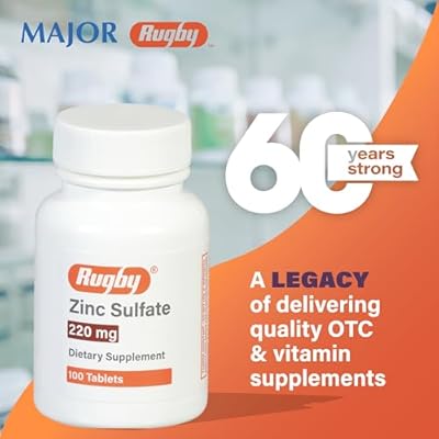 Rugby Zinc Sulfate 220 mg Tablets - Made with Zinc Sulfate Heptahydrate - Dietary Supplement - 100 Count (4 Pack)