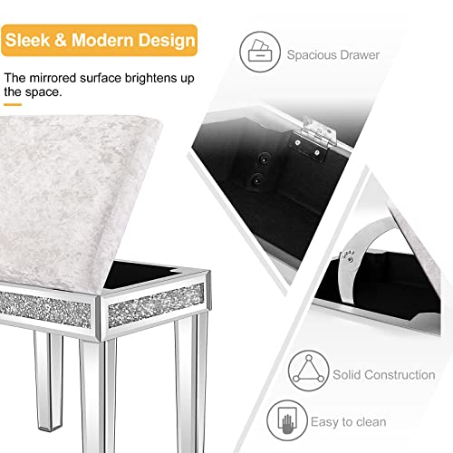 Image of VINGLI Mirrored Vanity Stool with Storage, Upholstered Velvet Ottoman, Makeup Dressing Table Bench with Sparking Diamonds, Silver