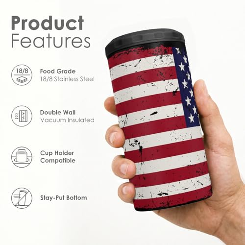 Image of American Flag Can Cooler 12oz - Travel Mug Cups - Stainless Steel Insulated for All - Tumbler Cans Koozie, Gift for Birthday, Christmas