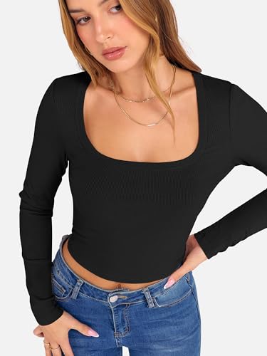 ANRABESS Women's Long Sleeve Square Neck Crop Top Ribbed Slim Fitted Basic Tee Layer Y2K Shirts Fall Fashion Outfits 20253