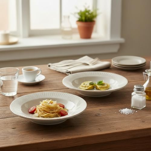 Image of Beyond Homes Ceramic Pasta Plates Shallow, 19 cm, Set of 2, Solid White | Matte Finish Ceramic Pasta Bowl | Stoneware Flat Pasta and Maggie Bowl | Chip-Resistant | Microwave Safe; (2, White Matte)