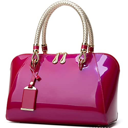 XingChen Shiny Patent Women Faux Leather Handbags Crossbody Bag Top Handle Purse Satchel Bag Shoulder Bag(Rose)