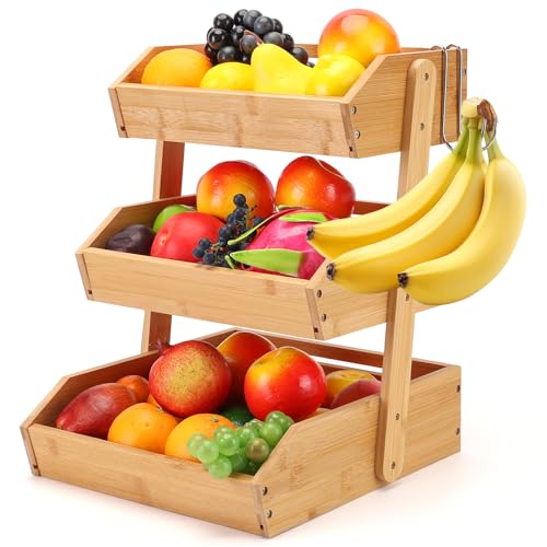 Savorella Bamboo Fruit Basket – 3 Tier Fruit Bowl For Kitchen Counter, Large Capacity Fruit Holder With 2 Banana Hangers, Countertop Vegetables Fruit Bowl, Idea For Fruit and Vegetable Storage