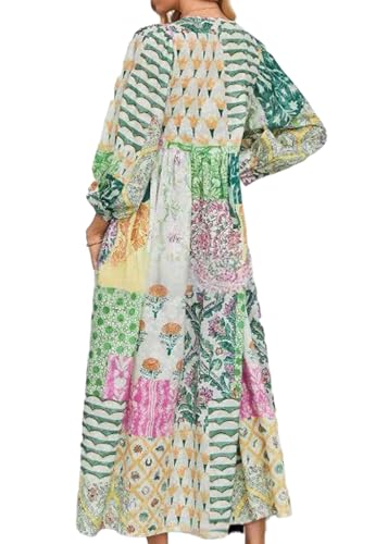 Image of CHARTOU Women Boho Floral Printed Long Dress Summer Lantern Half Sleeve Beach Flowy Loose Swing Chiffon Sundress