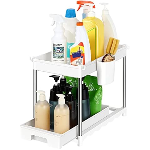 Under Sink Storage Organiser, 2 Tier Under Sink Organizer with Sliding Pull Out Storage Drawer, Multi-Purpose Storage Basket Shelf with 4 Hooks for Kitchen Bathroom, White Cover