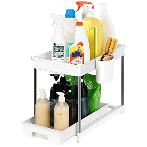Shinoske Rangement sous Evier 2 Niveaux, Étagère Rangement Cuisine avec Tiroir de Rangement Coulissant, Étagère sous Évier Rack avec 4 Crochets et Tasse Suspendues pour Cuisine Salle de Bain, Blanc Cover