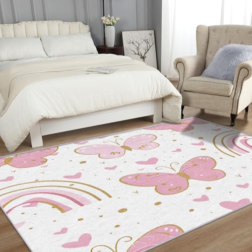 SUWALI Kids Pink Butterfly Rug, Hearts Rugs for Living Room Bedroom, Rainbows Carpet, Pastel Home Decor, Washable Non Slip Low Pile Small Area Rugs, 60 x 110 cm