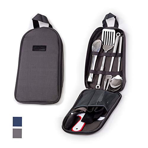 Portable Outdoor Utensil Kitchen Set-9 Piece Cookware Kit, Carrying Organizer Bag-For Camping, Hiking, RV, Travel, BBQ, Grilling-Stainless Steel Accessories- Fork, Spoon, Knife & More-Indoor/ Outdoor