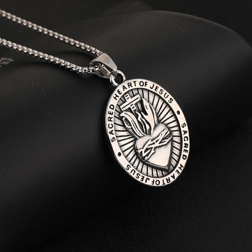 NIGHTCRUZ Sacred Heart of Jesus Necklace, Oval Religious Medal Medallion Stainless Steel with Sacred Heart and Cross3