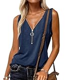 Halife Womens Half Zip V Neck Tank Tops Summer Sleeveless Shirts Casual Loose Top Blouses T Shirts Navy Blue L