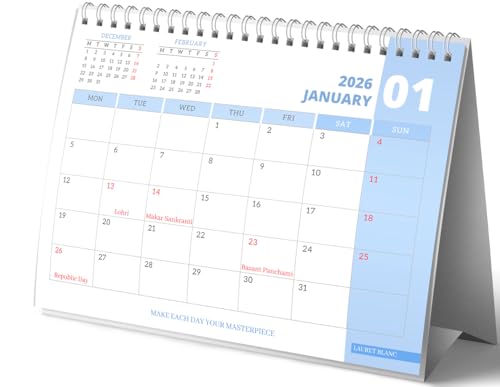 Image of LAURET BLANC Standing 2026 Desk Calendar- A4 Size (8.5 inch X 11.5 inch), Monthly Grid View, Home and Office Table Calendar (A4, F)