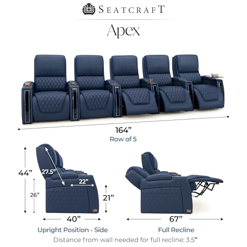 Image of Seatcraft Apex Home Theater Seating Navy Blue Single Recliner | Italian Leather, Wall Hugger, Zero Gravity, Powered Headrest & Lumbar, Power Recline, Zero Gap