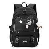 Fashion Backpack with 1pc Cartoon Bear Accessory Cute Big Capacity Lightweight 3 Compartments Laptop Travel Versatile (Black)