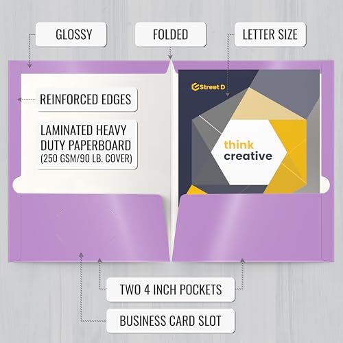 Image of Better Office Products 2 Pocket Glossy Laminated Lavender Paper Folders, Box of 25, Letter Size, Lavender Light Purple Paper Portfolios, 25 Pack