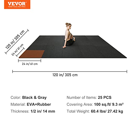 Vevor 25 Pcs 1/2 Inch Thick Gym Floor Mats, 24" X 24" Eva Foam & Rubber Gym Flooring Workout Floor Mats With 100 Sq.ft Coverage, Waterproof Exercise Puzzle Flooring For Gym, Home, Garage, Baseme #TOP7