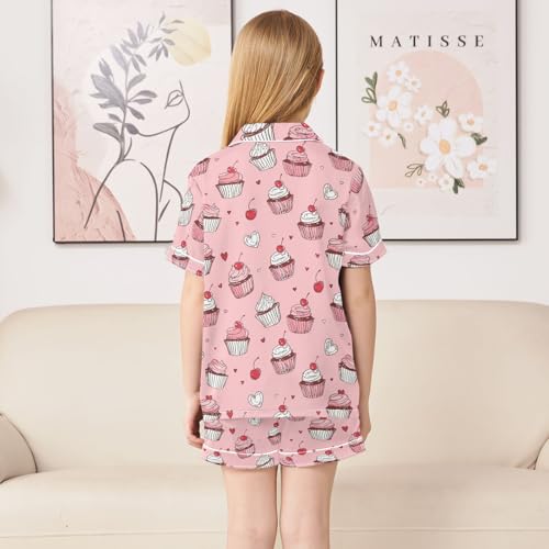 Pink Cherry Cupcake Prints Summer Satin Pajama Set, Cute Button-Down Sleepwear Pj Set for Sleep Wears4