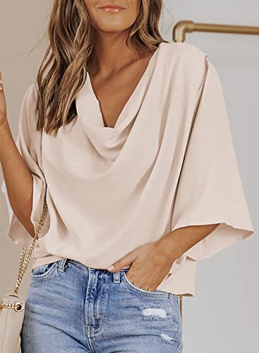 Dokotoo Spring Summer V-Neck Wrap Draped Tops, Trendy Chiffon Ladies Shirts Xxl - Apricot #TOP2