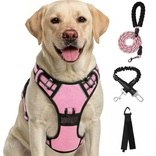 FURRYFECTION Plaid Dog Harness for Large Dogs, Reflective No Pull Adjustable Pet Vest with Front Clip, Leash, Easy Control Handle and Seat Belt, Pink, L