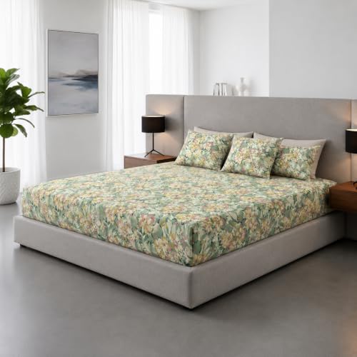 Image of 400TC Cotton Feel Glace Cotton Double Bed Elastic Fitted Bedsheet Queen Size 78 x 60 Inches with 2 Pillow Covers (Petalia)