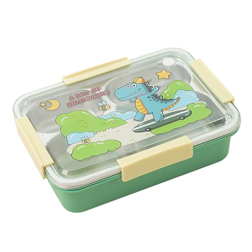 Image of House of Quirk 304 Stainless Steel Kids Lunch Box | Cartoon Design, Leakproof & Odor-Resistant | Portable Bento Box with Compartments for School (Dinosaur Green)