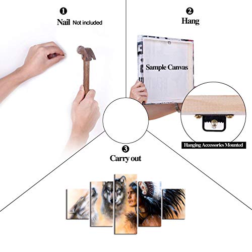 Native American Decor Indian Man In Ethnic Feather With Wolf Wall Art Canvas Painting 5 Pieces Modern Posters Prints Pictures Artwork For Living Room Home Decor Ready To Hang (60''Wx32''H) #TOP7