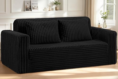 Image of HABUTWAY 78 inch Loveseat Boneless Couch, 4-in-1 Convertible Sofa Bed, Plush Fur Folding Futon Sofa Bed Couches with 2 Pillows for Living Room, High-Density Foam Support, No Assembly Required, Black