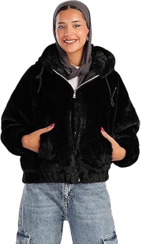 Women's Plush Faux Fur Hooded Jacket, Black Cropped Design, ...