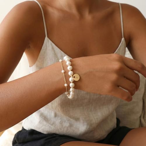 Fizzlup 2Pcs Pearl And Gold Initial Bracelet Set,Dainty Pearls Bracelets Jewelry for Women Wedding Prom Trendy Crystal Charm Cuff Stack Bead Linkbracelet Personalized Gift Stuff Letter D by Fizzlup - Used condition - Image 3