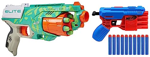 Image of Nerf Elite Disruptor Blaster, 6-Dart Rotating Drum, 6 Elite Darts, Slam Fire, Dynamic Green & Alpha Strike Fang QS-4 Toy Gun Blaster