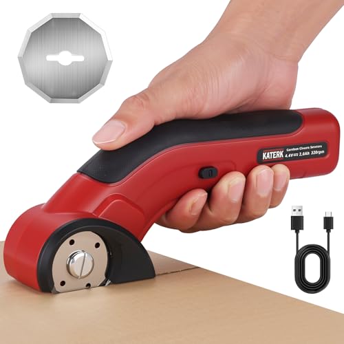 Katerk Electric Cardboard Cutter 4.4V, Cordless Electric Scissor with 2pcs Self-Sharpening Blade USB Rechargeable Safety Lock, Power Rotary Box Cutter for Fabric, Carpet, Plastic
