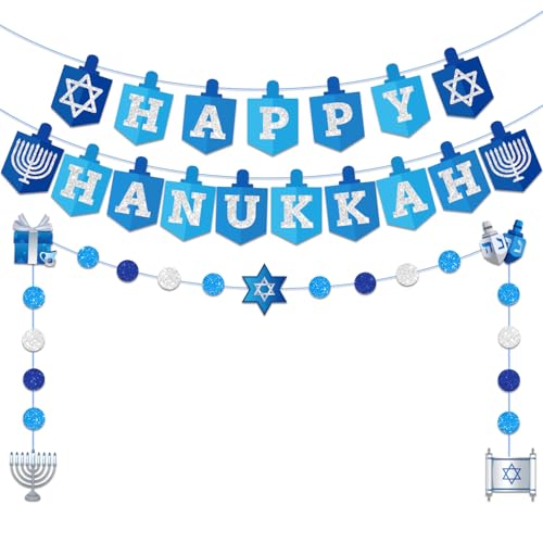 Hanukkah Decorations Banner, Pre-assembled Hanukkah Party Decor Garland, Happy Hanukkah Sign Banner, Chanukah Decorations for Home, Blue Glitter Hanukkah Supplies Indoor