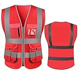 Chaleco De Seguridad Hola Visibilidad Chaleco de seguridad con tiras reflectantes y bolsillos con cremallera Trabajo de construcción Uniformes de valores. Chaleco Reflectante(Red,XL-Chest 126cm)
