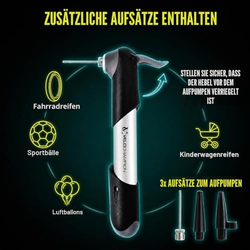 VeloChampion Mini Fahrradpumpe, kompakte Luftpumpe 100 PSI/6.8BAR für Presta, Schrader & Dunlop Ventile, für Rennrad, Trekkingrad & E-Bike, mit Rahmenhalterung, Ballnadel (Pumpe)