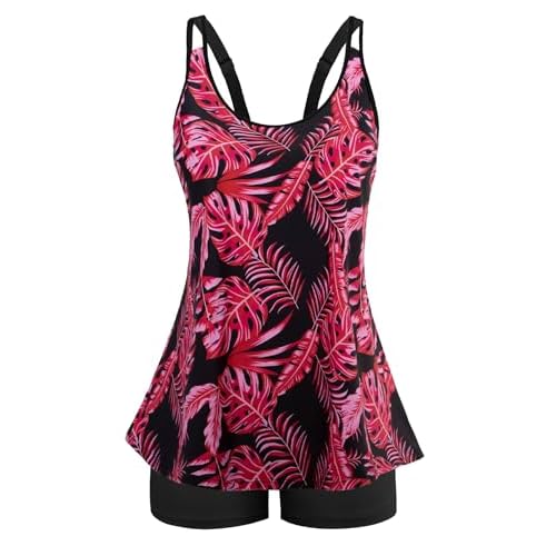Arolina Tankini Swimsuits for Women Tummy Control Two Piece Bathing Suits Flowy Swim Tops with Boy Shorts Red Leaves Medium