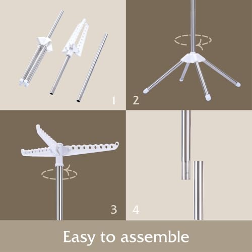 Beaudaily Clothes Drying Rack, Foldable Laundry Drying Rack, Indoor 59-Inch Drying Rack Clothing with 3 Rotatable Arms, Stainless Steel, Holds 27 Pieces, Space Saving, Portable, White and Silver - Thumbnail 6