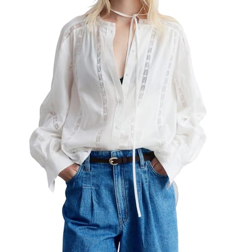 SYHVGI Lose Button-Down-Shirts für Damen, lange Ballonärmel, Spitze, Patchwork-Top, Herbst, Basic-Bluse, Y2K, Streetwear, weiß, L